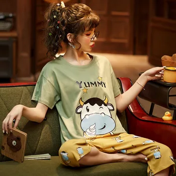 

OUSHANG Lovely Avocado Pattern Pajamas 100% Cotton Short Home Wear Femme Underwear Pijamas 2020 Green Sleepwear Sets For Women