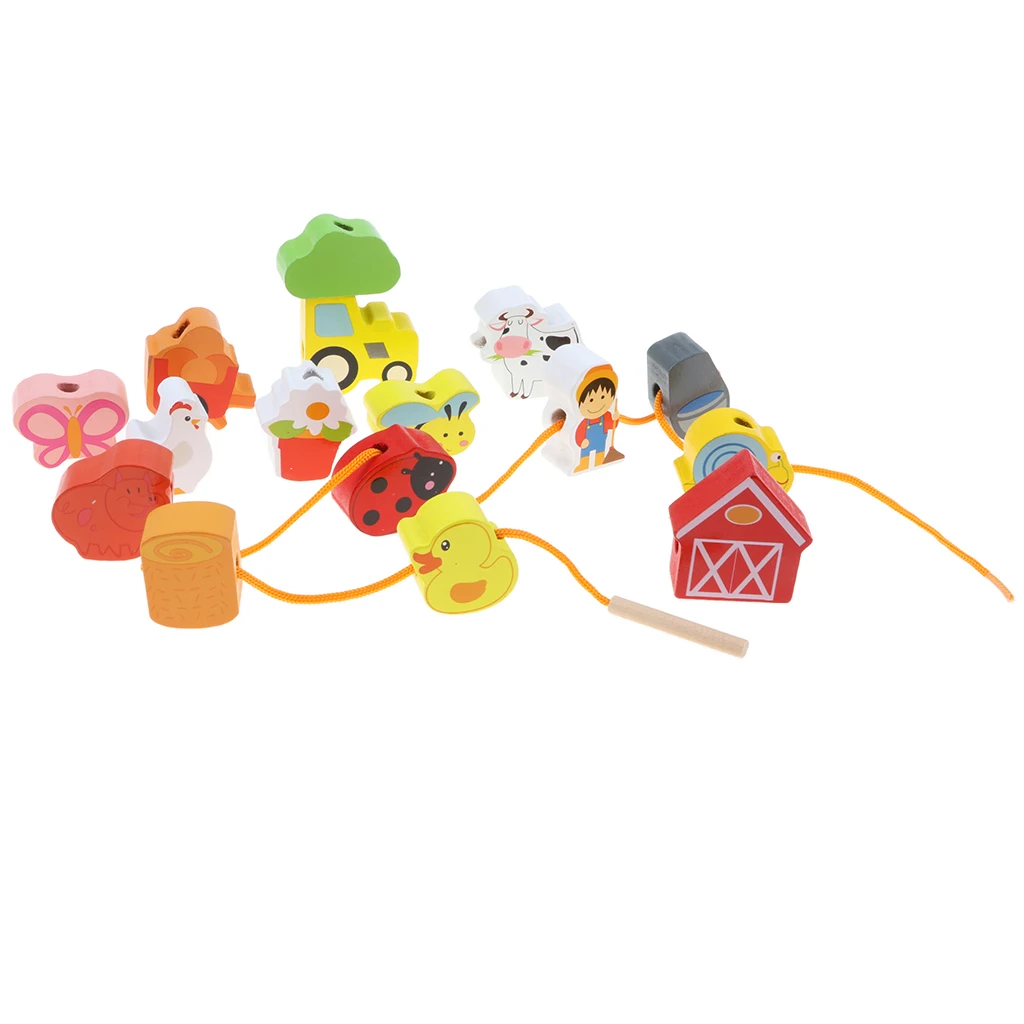 Wooden Lacing & Stringing Beads Cartoon Farm Animals with String Toddler Preschool Fine Motor Skills Toys