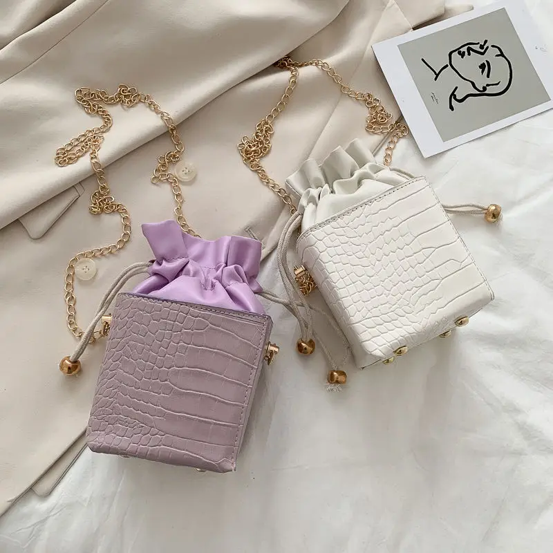 Draw String Purple Women Mini Crossbody Bags Fashion PU Leather Ladies Chain Handbags Girls Small Square Shoulder Bag Purse | Багаж и