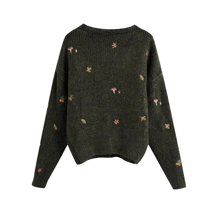 KPYTOMOA Women  Fashion Floral Embroidery Knitted Cardigan Sweater Vintage Long Sleeve Button-up Female Outerwear Chic Tops green cardigan