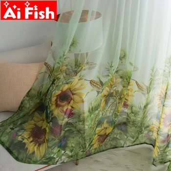 

Green Gradient Bedroom Tulle Curtain Printing Sunflower Rod Pocket Finished Plain Color Balcony Decoration Sheer Drapes M238-5