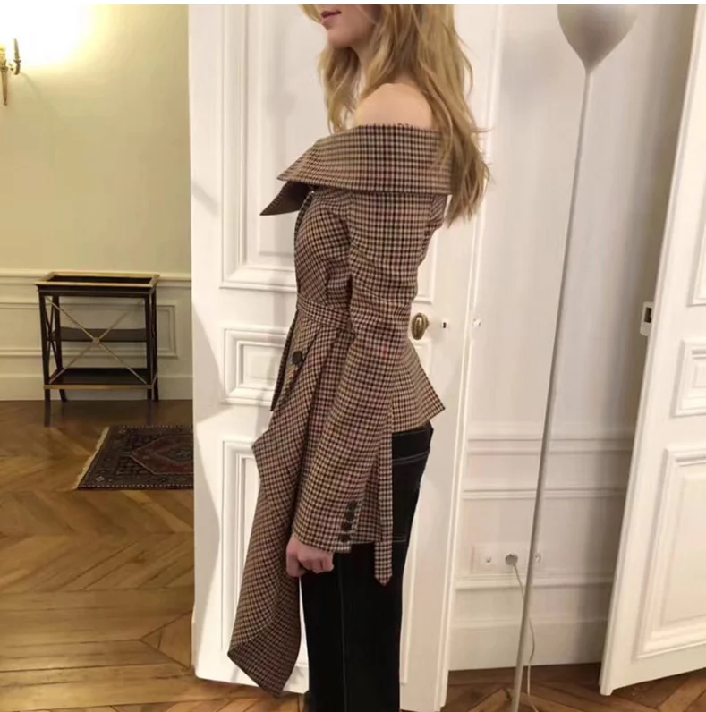 Асимметричный Модный женский маленький костюм в клетку с открытыми плечами, Повседневная Уличная одежда, Блейзер, костюмы, женский Блейзер, наборы, офисный Женский блейзер