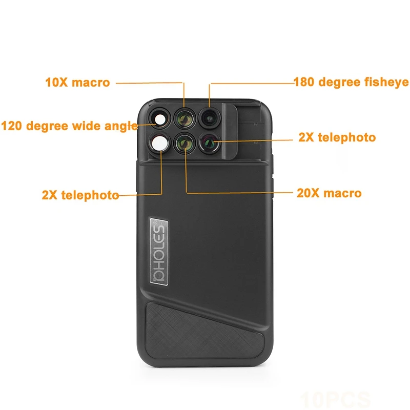 Чехол для объектива телефона abkt-pholes 6 в 1 для Iphone X Dual 2X Telephoto+ 10X Macro+ 20X Macro+ 120 градусов широкий угол+ 180 градусов Рыбий глаз L