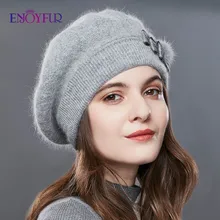 ENJOYFUR Берет шапка женская зимняя вязаная теплая модная из кашемира и кроличьей шерсти с бантом для женщины для дамы