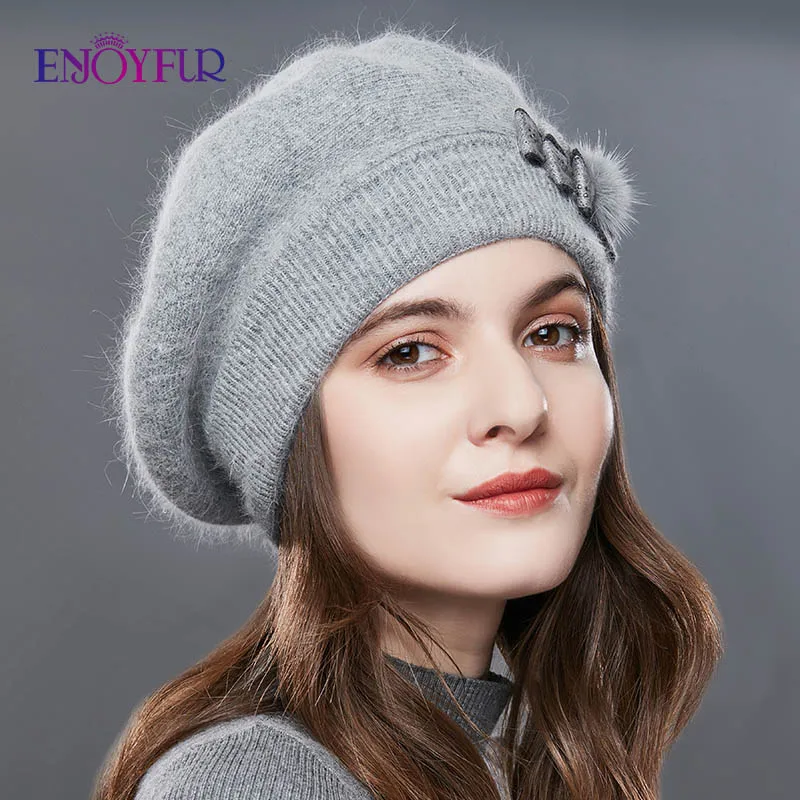 Best ENJOYFUR Cashmere Beret Hat Female Rabbit Knitted Winter Hats Caps Lady Middle Aged Cap Fashion Bow Knot Ball Gorro Warm Hat