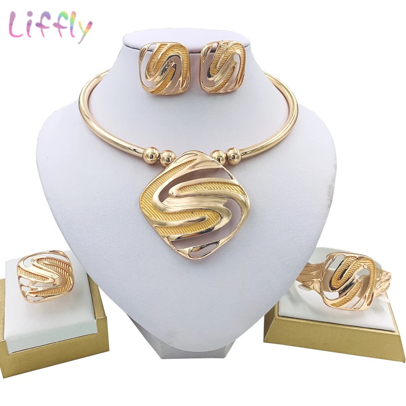 

Liffly Nigeria Jewelry Sets for Women Wedding Geometry Choke Necklace Earrings Ring Bracelet Fashion Jewelry Set