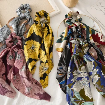 

Women Print Elastic Hair Band Ties Scarf Scrunchies Ribbon Silk Scrunchy Ponytail Holder Hairband Girls Hair Accessories