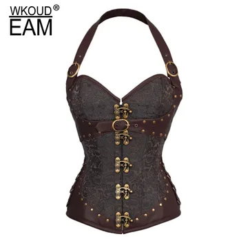 

WKOUD EAM 2020 New Spring Summer Fashion Metal Buckle Print Splice PU Leather Corset Women Sexy Corset High Quality Tide PE025