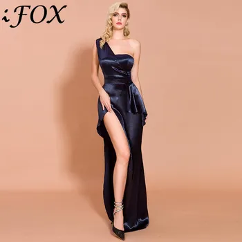 

IFox 2020 Fashion One Should High Split Women Party Dresses Sexy Slash Neck Sleeveless Blue Simple Women Maxi Dress with Sashes