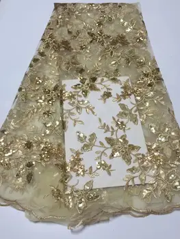 

2019 Latest French Nigerian Laces Fabrics High Quality Gold Line Tulle African Laces Fabric For Wedding Lace Fabric 5 Yards
