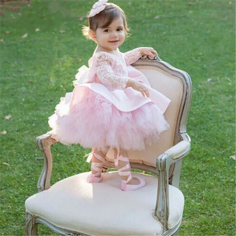 Tutu di tulle rosa panno per bambina 1 anno abito da festa di compleanno  aperto indietro maniche lunghe abiti da ragazza di fiore abito da battesimo  per bambina|Dresses| - AliExpress