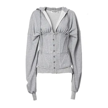 

TVVOVVIN 2019 Spring Autumn New Pattern High Quality Hooded Collar Long Sleeve Tie Waist Grey For Girl Woman Casual Shirt X854