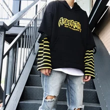 Осенняя поддельная футболка из двух частей, Мужская модная полосатая футболка с буквенным принтом, мужская повседневная Уличная одежда с дырками, лоскутные Свободные Топы И Футболки