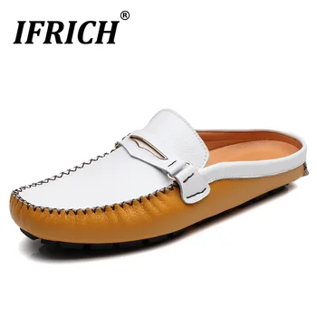 

2020 Trend Men Casual Slip on Shoes Black Half Drag Man Half Slippers Top Quality Leather Shoes Breathable Half Drag Loafers Men
