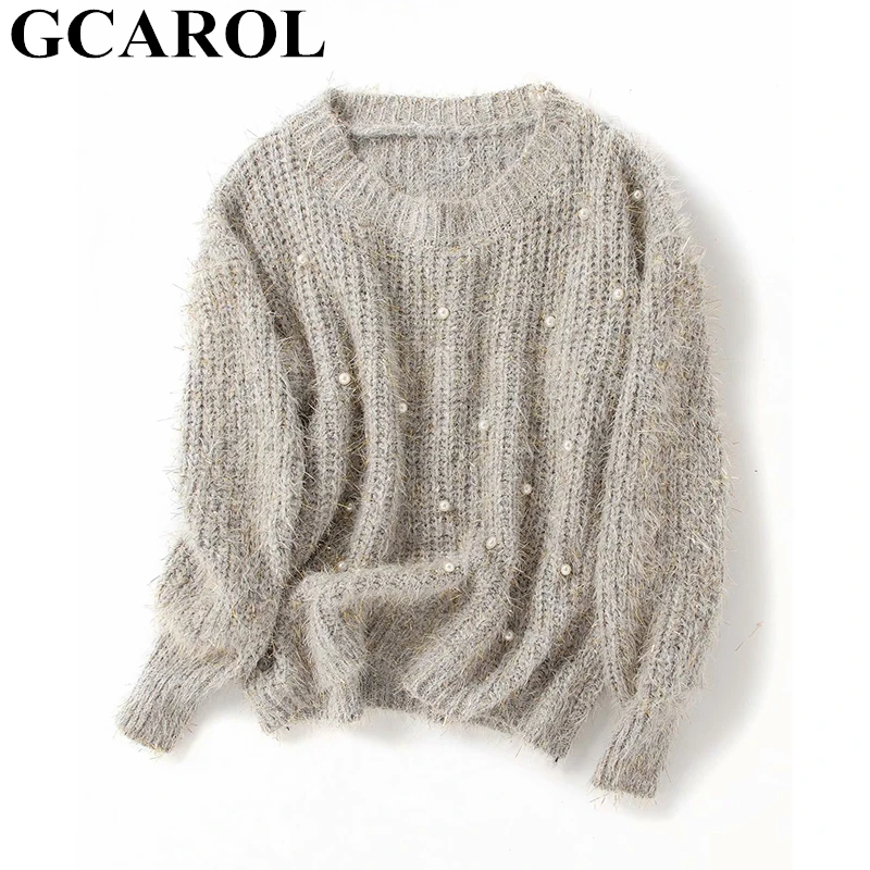 Grey GCAROL женский золотой трикотажный свитер с жемчугом осень зима толстый женский джемпер с О-образным вырезом на плече милый короткий вязаный пуловер - Цвет: Grey