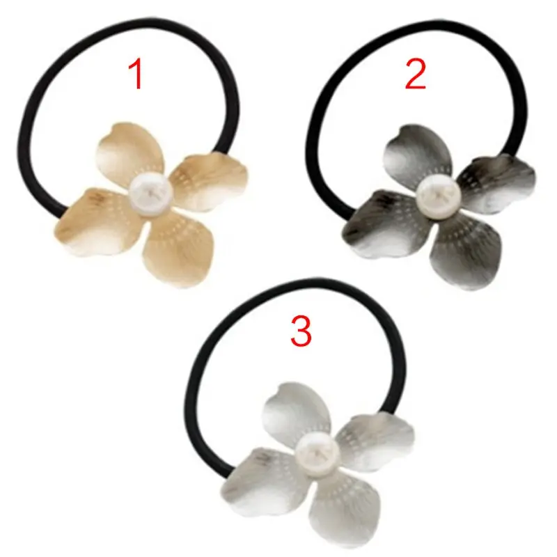 

Korean Metallic Delicate Rubber Band Womens Drawbench Four Petals Flower Hair Rope Imitation Pearl DIY Styling Ponytail Holder