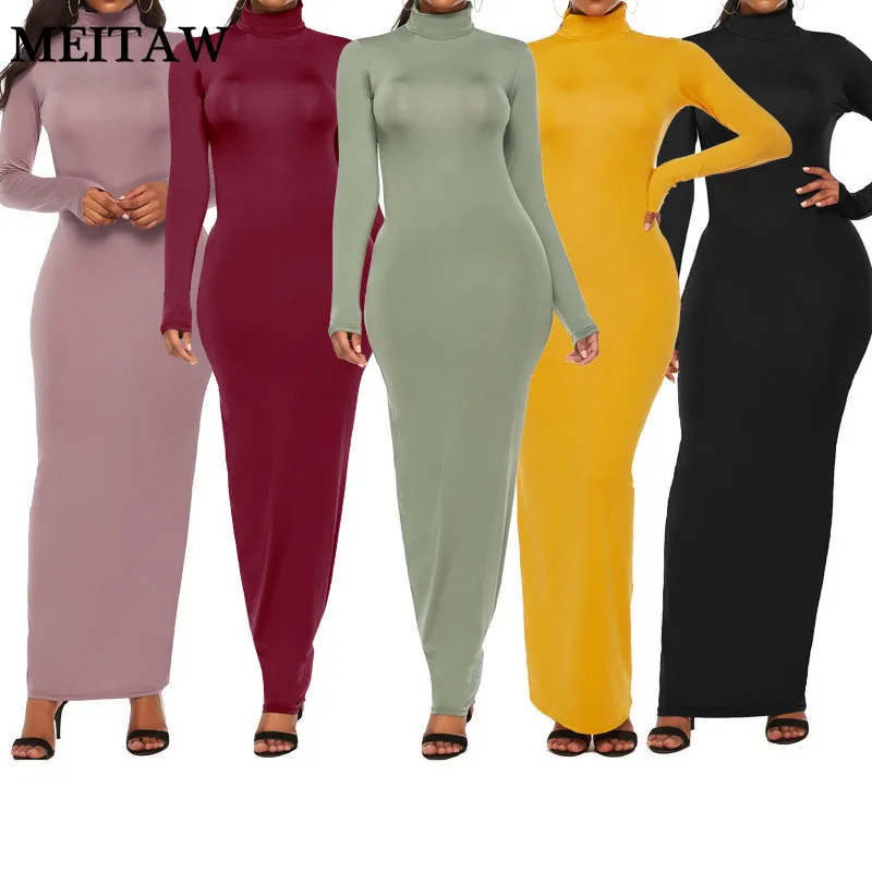 

Autumn Women Long Maxi Bodycon Dress 2019 Casual Long Sleeve Elegant Party Dresses Female Solid Turtleneck Dress Vestido