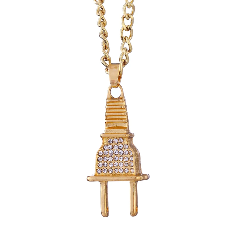 Small Gold ZRM ювелирные изделия Bling Plug ожерелье, подвеска из золота цвет серебра талисман микро проложить Полный горный хрусталь хип хоп подвеска в виде вилки ожерелье - Окраска металла: Small Gold