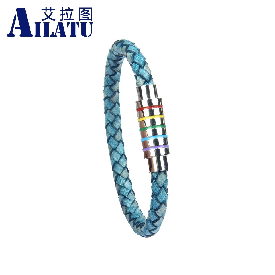 

Ailatu New Vintage Genuine Leather Bracelet Rainbow Stainless Steel Buckle Bracelet Men Women Fashion Birthday Gift
