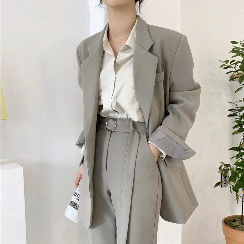 Popular 2020 Spring Autumn 2 Pieces Set Vintage Women Blazer Suit Set Single-breasted Blazer Jacket Sashes Pants Elegant Women Pant Suit