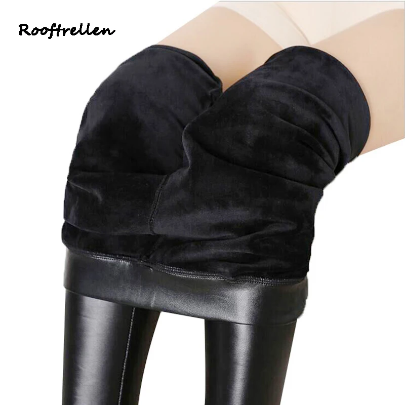 Rooftrellen 8%Spandex Large Size Plus Velvet Leggings Women PU Leather Leggings Winter Leggings Legging Thickening Warm Leggings