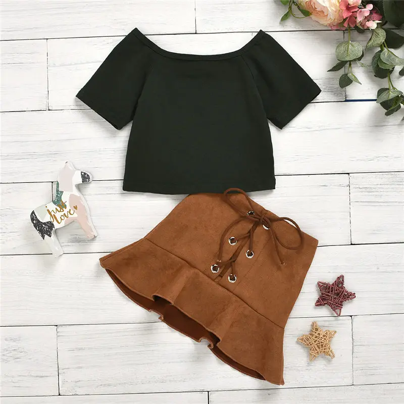 toddler kid girl clothes set black t-shirt brown skirt 2pcs summer outfit children clothes (7)