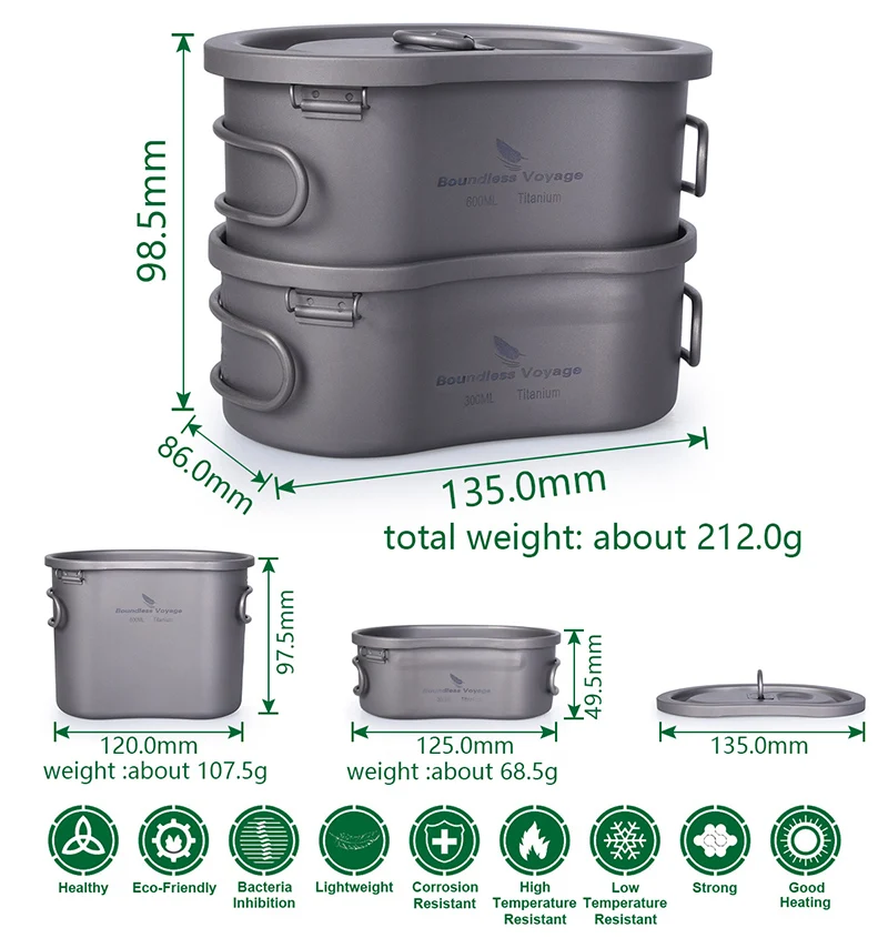  Boundless Voyage Titanium Camping Pot Set with Hanging Ring Lunch Box Portable Bowl Picnic Cookware