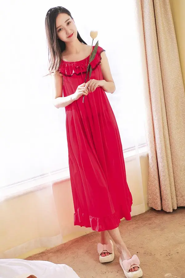 Сексуальная женская летняя длинная ночная рубашка ледяная шелковая ночная рубашка без рукавов однотонная свободная Пижама повседневное Ночное платье Неглиже - Цвет: red