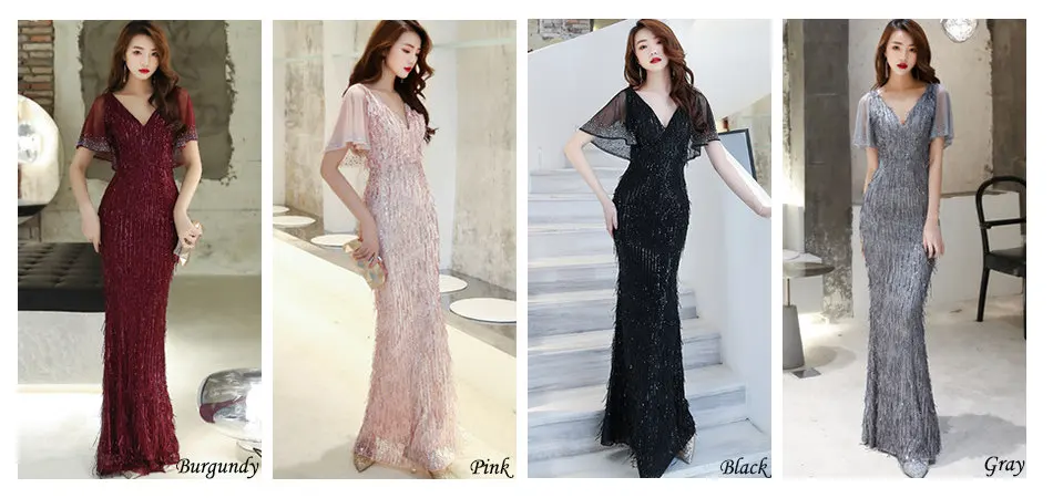 It's Yiiya Evening Dress Floor-Length V-Neck Sequined Robe De Soiree K028 Short Sleeve Backless Plus Size Evening Dress