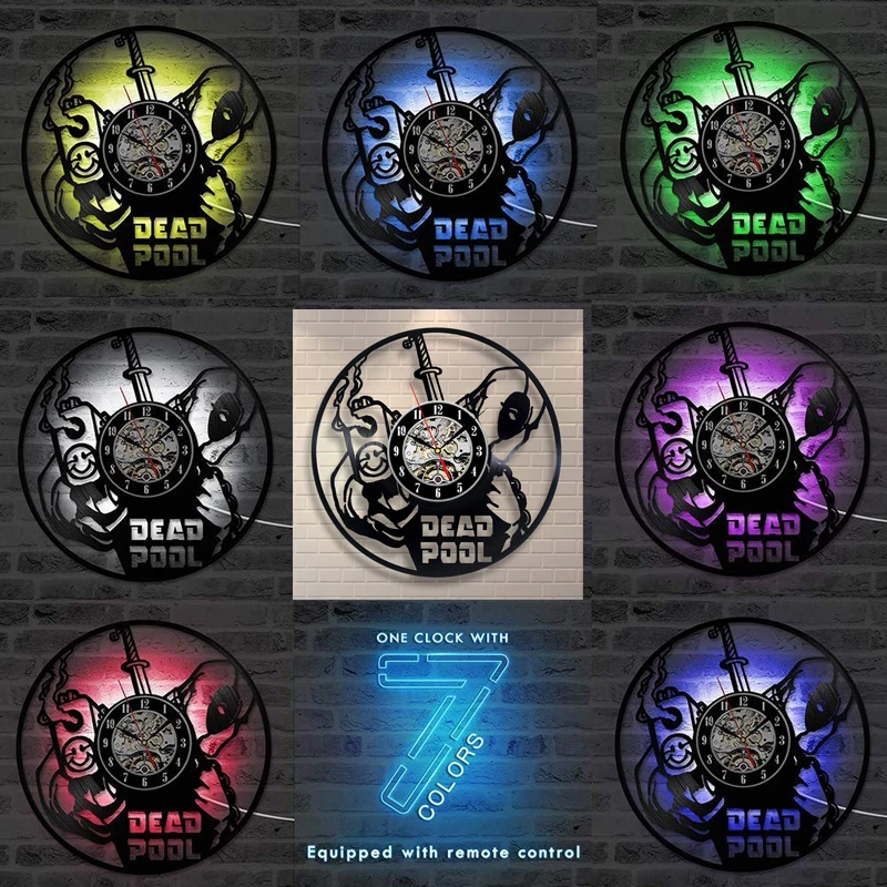 Deadpool Vinyl Record Wall Clock Modern Design Vintage Vinyl Wall Clocks with 7 Colors LED Lighting Wall Watch Home Decor - Цвет: 7 LED color change