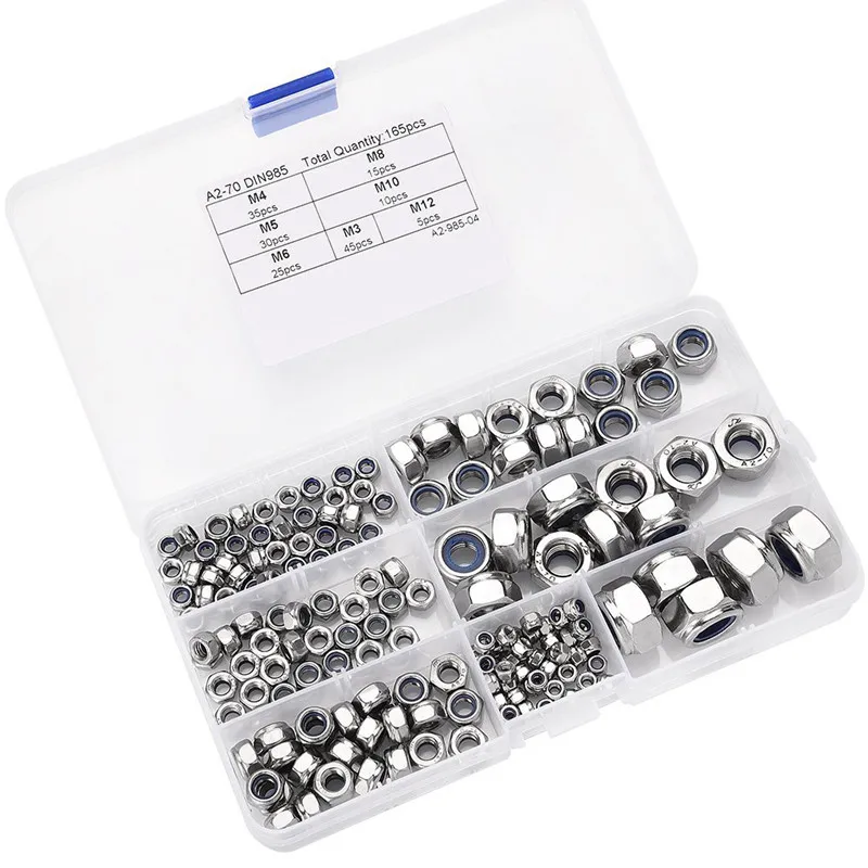 BMBY-165pcs ассортимент нейлоновый набор гаек, A2-70 нержавеющей стали, в т. Ч. M3, M4, M5, M6 M8 M10 M12 в прочной отсековой коробке