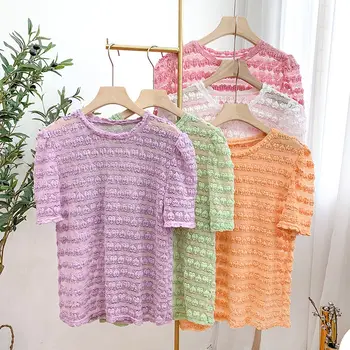 

Women Blouse Shirts See Through Transport Short Sleeve Shirts White Pink Yellow