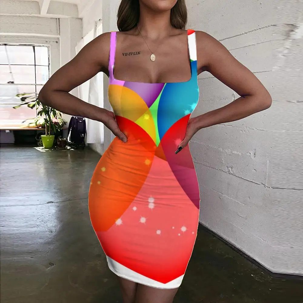 

KYKU Love Dresses Women Colorful Ladies Dresses Tanabata 3d Print Romantic Halter Sleeveless Womens Clothing Club Short Beach