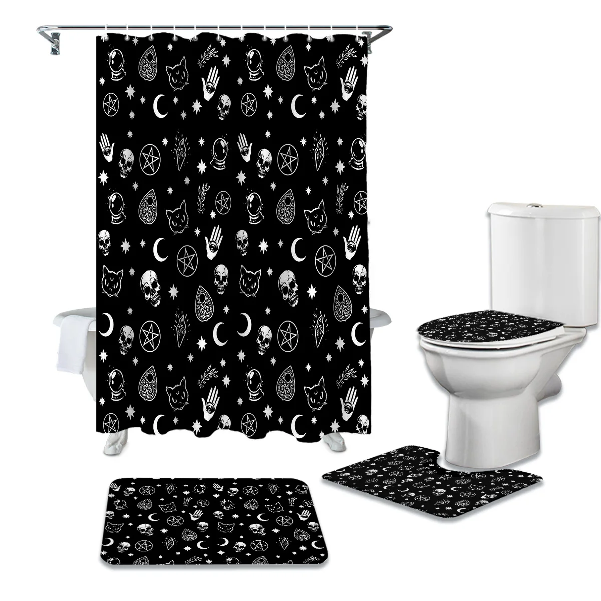 Black Witch Skull Moon Divination Waterproof Shower Curtain Rug Set Non-slip Bath Mat Toliet Cover Bathroom Curtains | Дом и сад