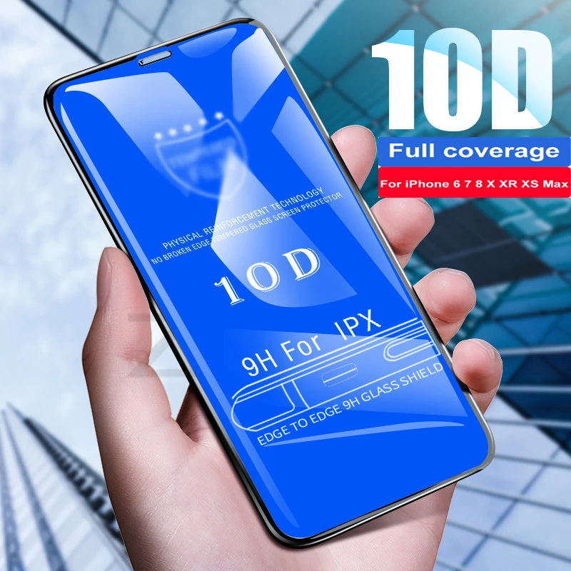 

10D Protective Glass For iPhone 11 Pro Max X XS Max XR 7 8 Plus Tempered Screen Protector Film Curved Edge Glass Full Cover Glas
