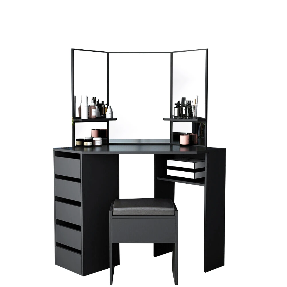 Big Promo Panana Dressing Table With Mirror Curved Pentagon Shape Modern Dresser Desk For Bedroom Jewelry Makeup Organizer White