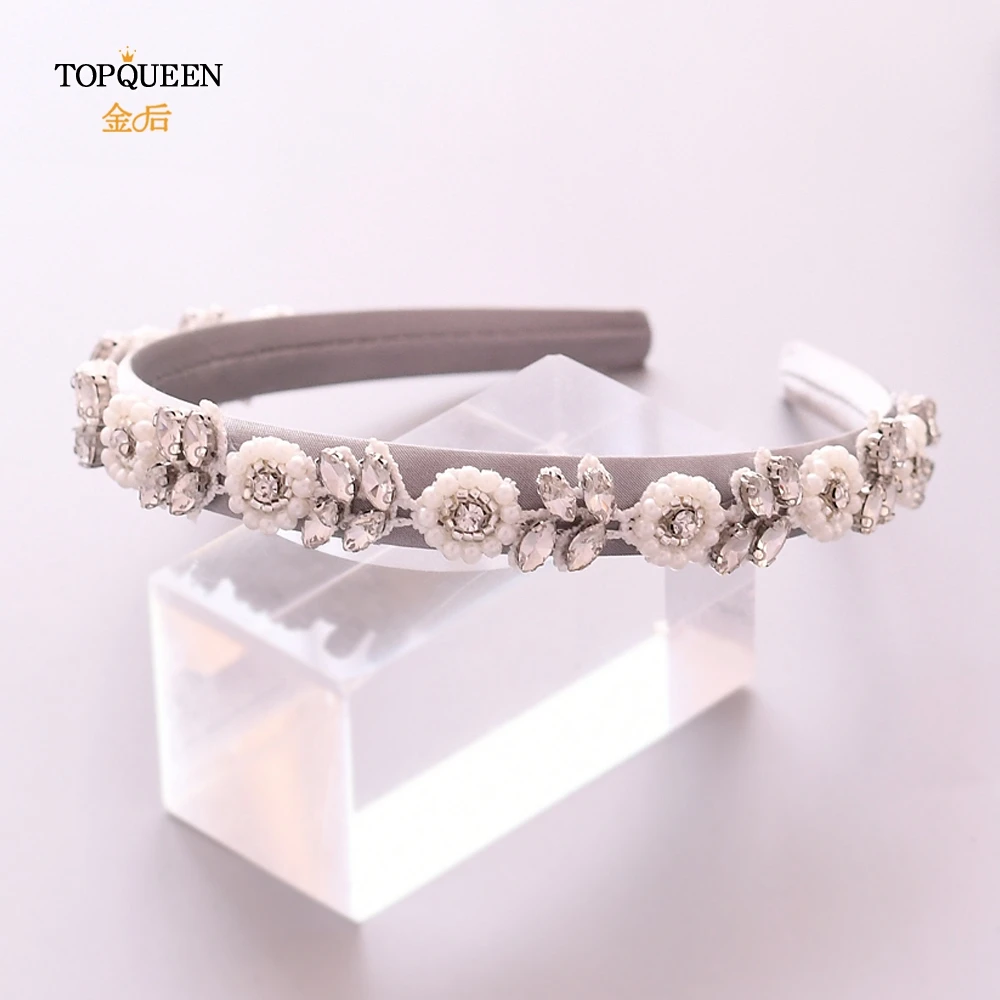 TOPQUEEN S101-D Handmade Wedding Headband Luxury Flower Pearl Baroque Headwear Jeweled and Diamonds Headpiece for Bridal Party