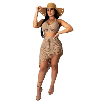 

Cutubly Cover-up Hand Crochet Beach Two Piece Skirt Set Women Summer Swimwear Knitted Bra Top Tassel Asymmetrical Skirt Suit