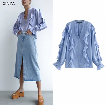 

2020 Za Ruffle Rustic Blue Shirt Women V-neck Long Sleeve Blouse Fashion Front Button Female Loose Autumn New Top