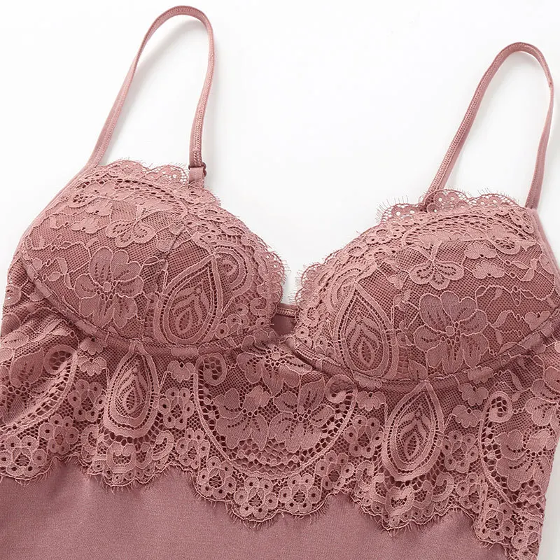 Summer silk sling lace slip dress sexy for women bottoming suspender plus size slim underskirt home nightdress wirefree bra