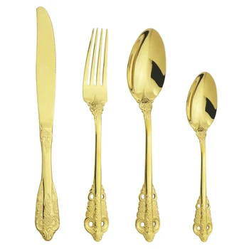 

4Pcs/Set Gold Cutlery Set 304 Stainless Steel Dinnerware Set Knives Fork Spoon Dinner Set Party Kitchen Tableware Silverware Set