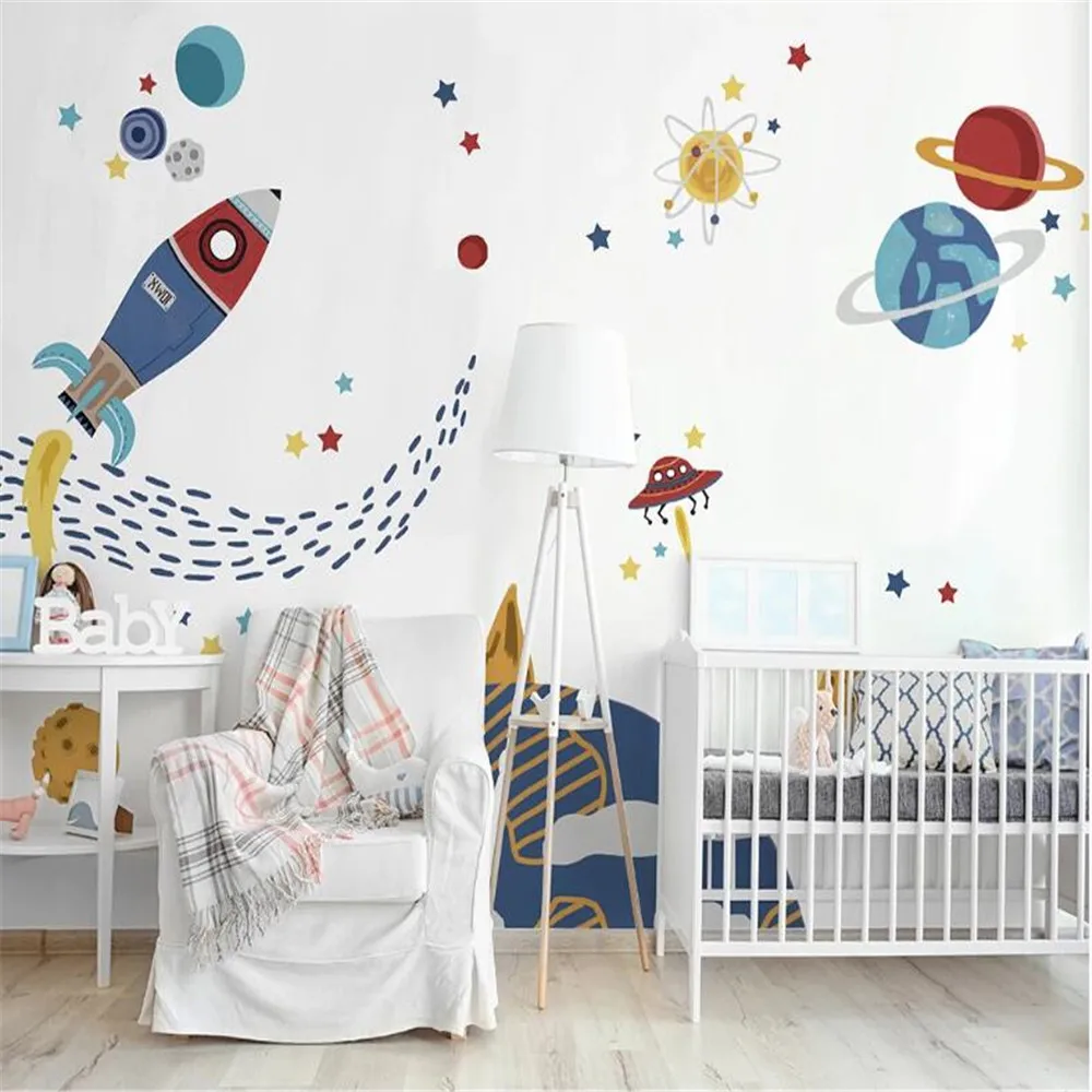 

Milofi custom hand-painted children's bedroom background wall paper cartoon space rocket mural Nordic modern minimalist