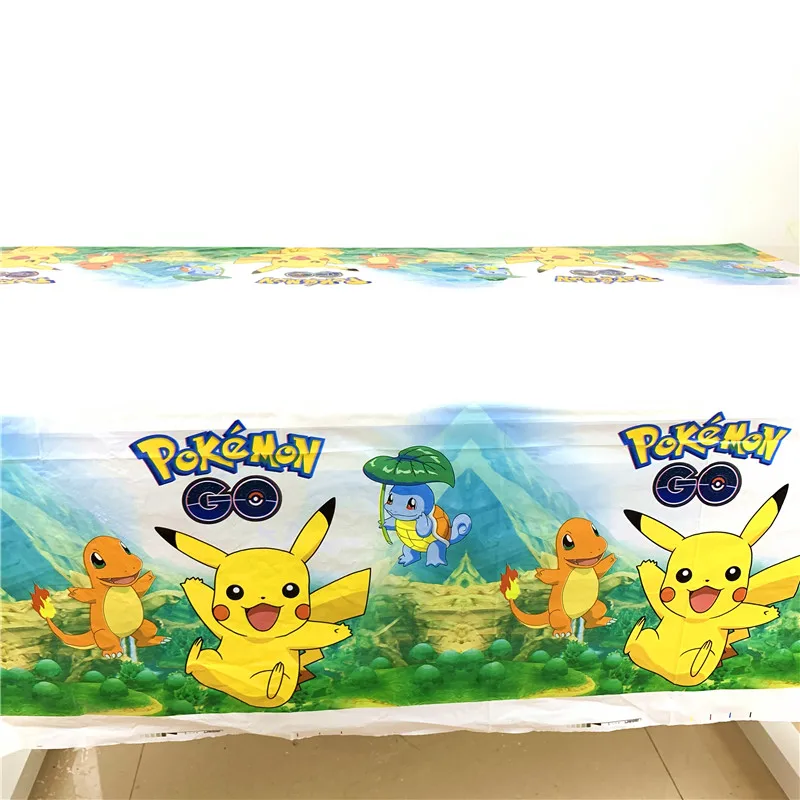 Pokemon Birthday Party Supplies Tableware Set Party Paper Plates Cup Napkins Pokemon Party Balloon Decorations Hats Flags Candle - Color: Tablecloth-1pcs