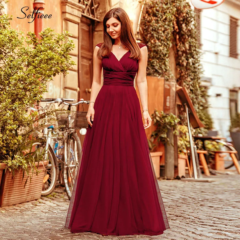 Новые Модные Элегантные женские платья для вечеринки Vestidos De Fiesta простое ТРАПЕЦИЕВИДНОЕ ПЛАТЬЕ С v-образным вырезом и открытой спиной длинное платье макси из тюля для девушек