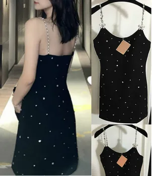 

MM003 Female Women Dress New Full Diamonds Pearl Flower Inlaid with Diamond Bead Chain Sexy Sling Women Party Dress M5