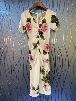 

2020 Spring and Summer New Women's V-neck Back Zipper Printing Pattern Color Matching Wrinkle Knot Short-Sleeve Dress 619