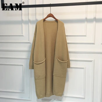 

[EAM] Pocket Big Size Knitting Cardigan Sweater Loose Fit V-Neck Long Sleeve Women New Fashion Tide Autumn Winter 2020 1W889