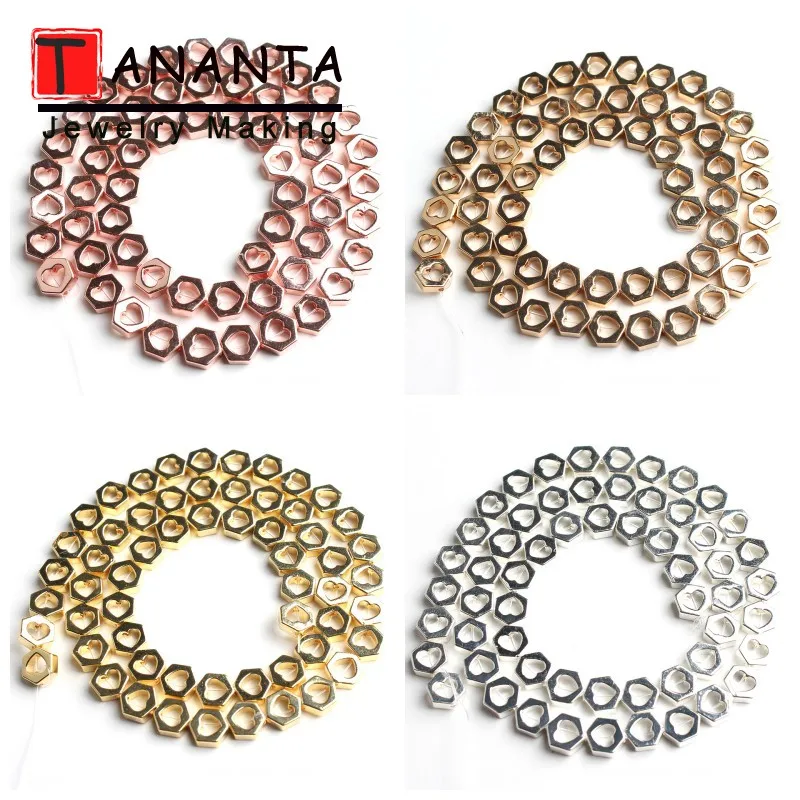 

Plating Hexagon Love Heart Shape Hematite Spacers Rose Gold Silver Stone Beads For Jewelry Making Bracelet Necklace 7x6mm 15Inch