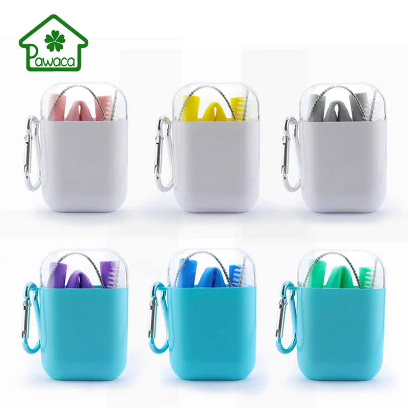 

Pawaca Reusable Silicone Straw Folding Drinking Straw With Carrying Case Cleaning Brush Keychain For Travel Home Office Drinks