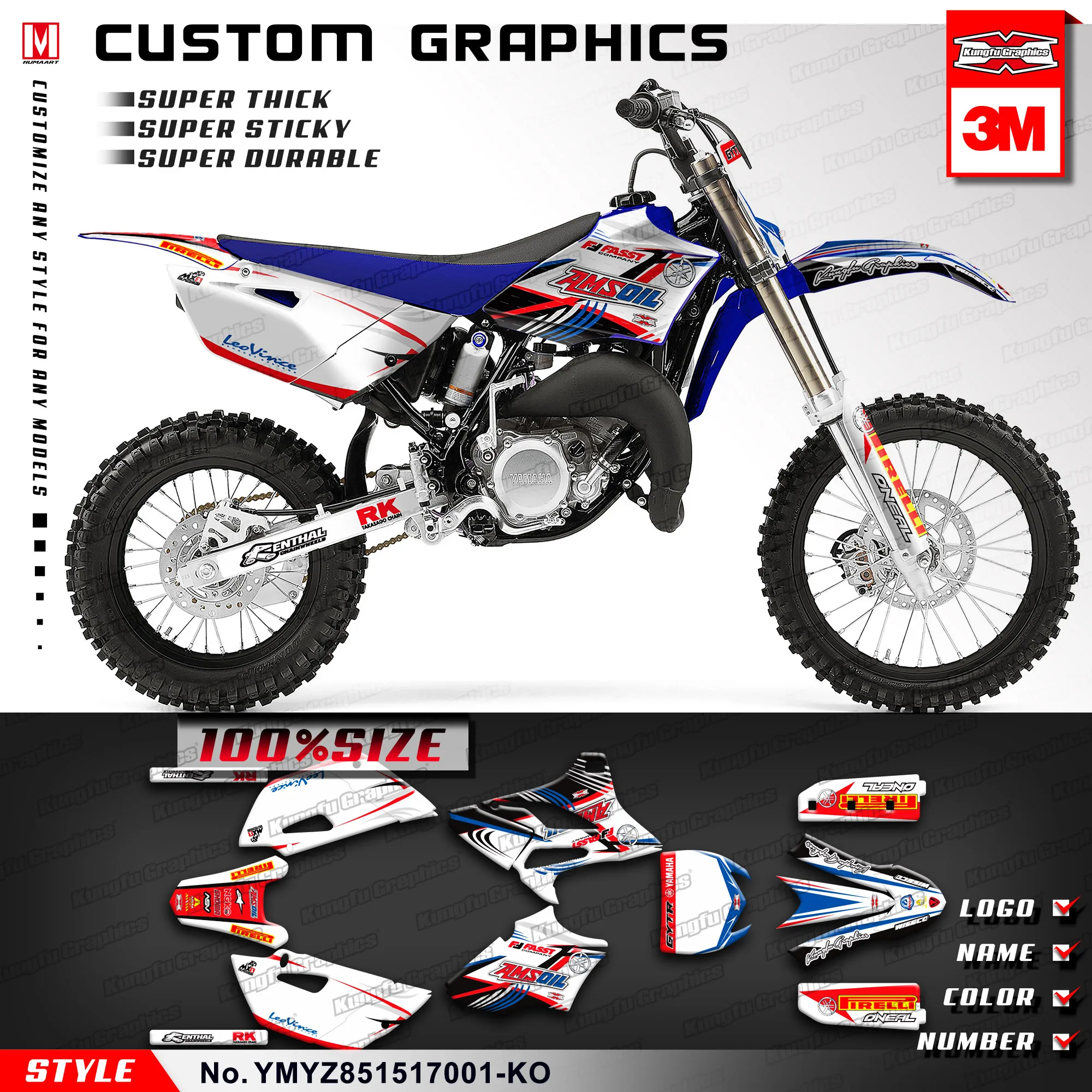 

KUNGFU GRAPHICS Motocross Stickers Kit Full Vinyl Wraps for Yamaha YZ85 YZ 85 2015 2016 2017 Custom Graphic Design White